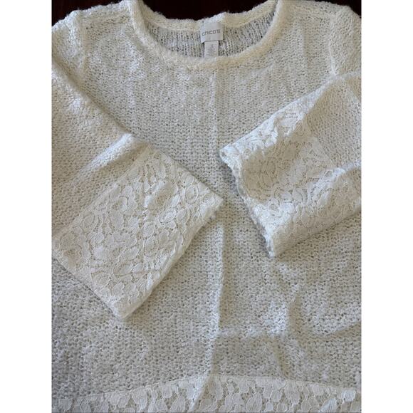 Chico’s Lace Trim Ivory Sweater Sz 3/XL Wool Blend Jasmine 3/4 Sleeve Pullover - Picture 7 of 9